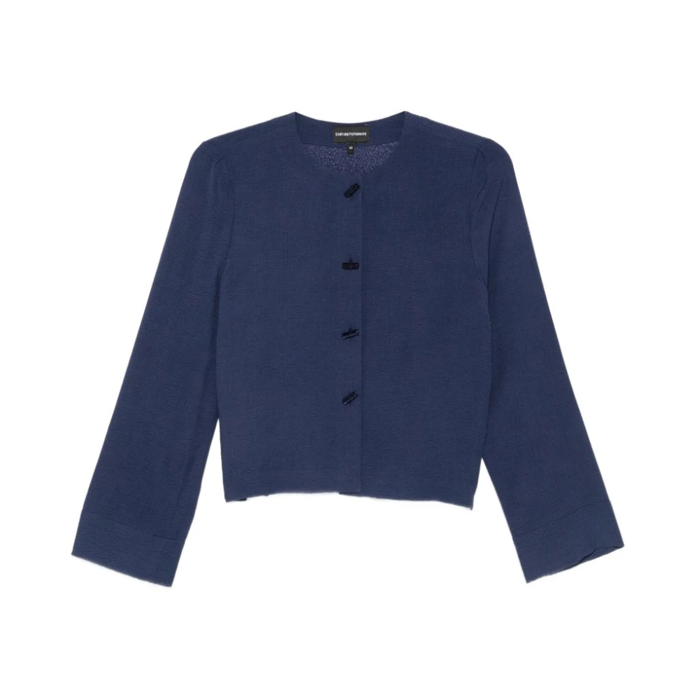Emporio Armani Collarless Round Neck Long Sleeve Top - Female - Cardigans - Blue - 2XS - Knitwear