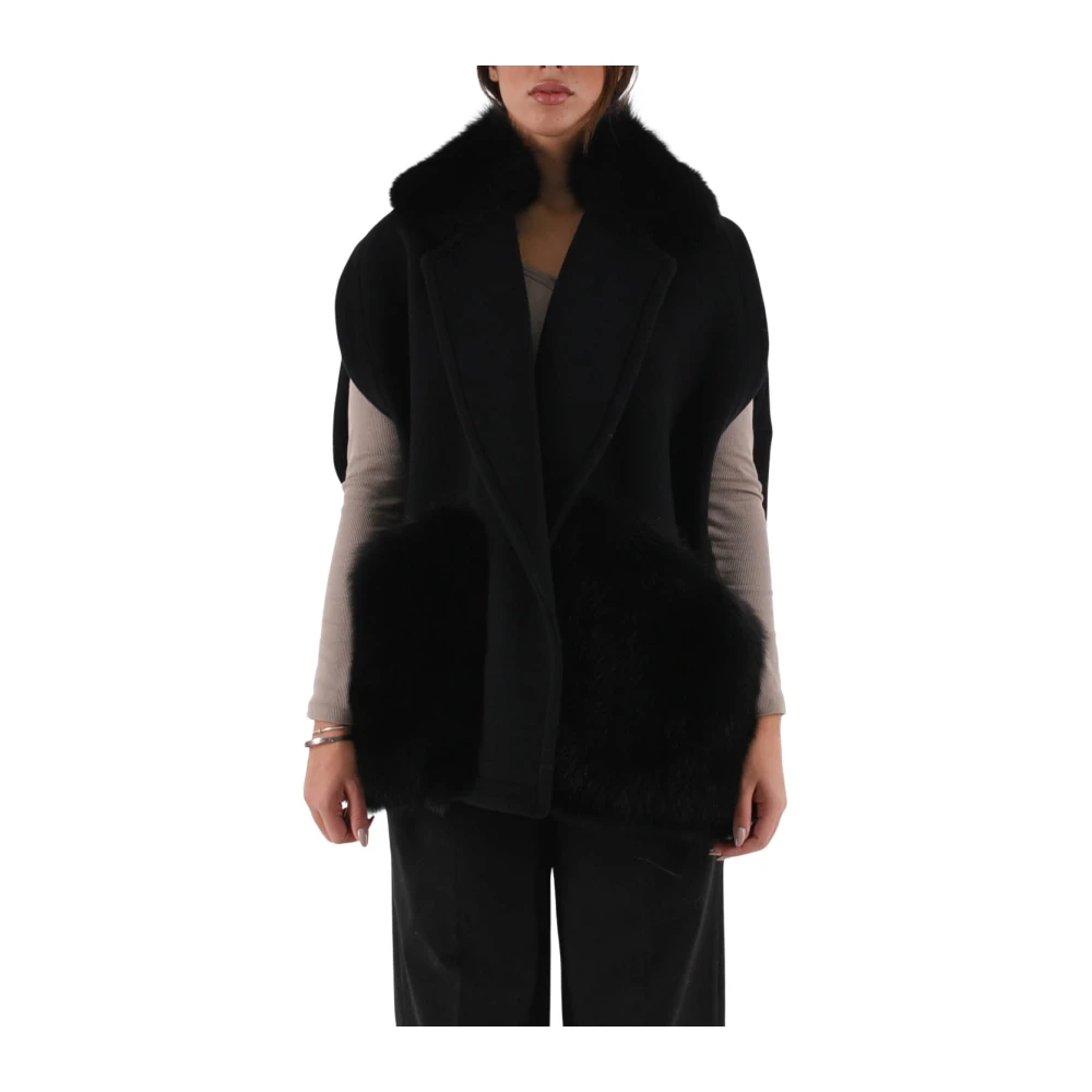 Blancha Shearling Wol Gilet met Vos Kraag Black Dames