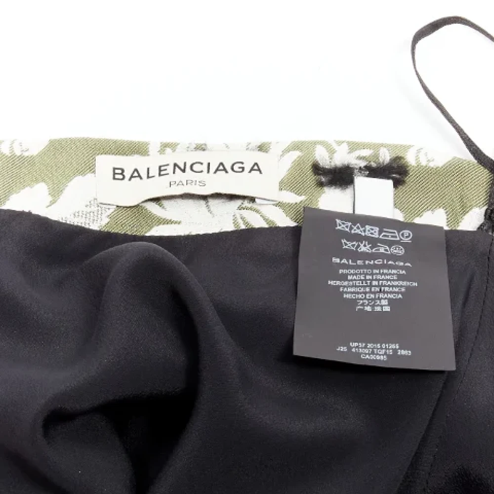 Balenciaga Vintage Tweedehands Viscose Shorts-Rokken Balenciaga 2015 Grijs Groen Zwart Franje Versiering Witte Bloemen Midi Rok Fr36 S Gray Dames