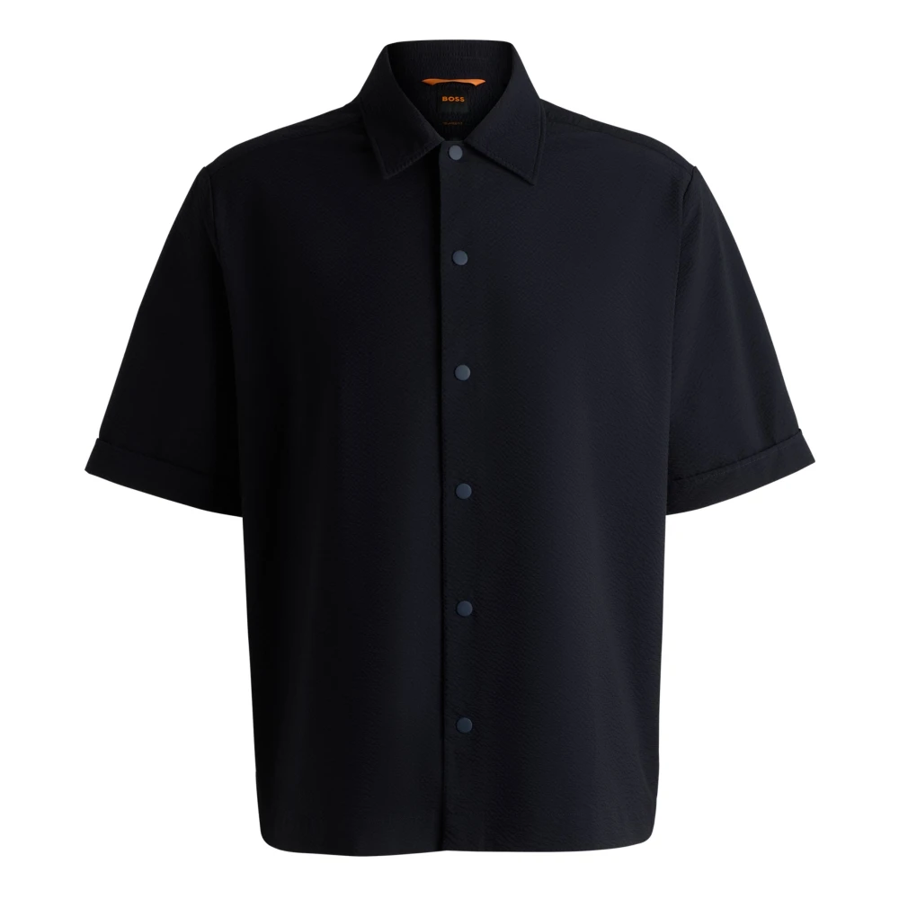 Hugo Blue Short Sleeve Shirts, Male, M, Seersucker Shirt With Press-Stud Closures