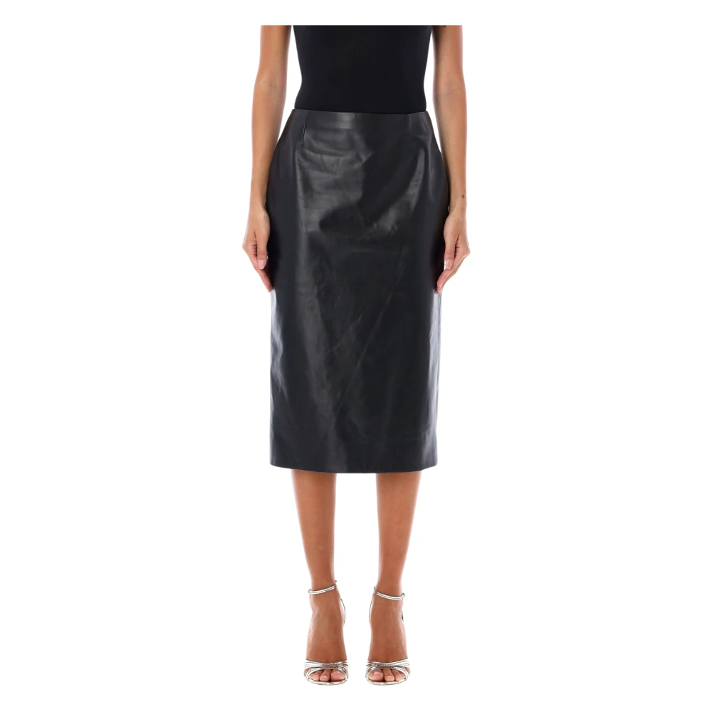 Ralph Lauren Zwarte Leren Midi Potlood Rok Black Dames