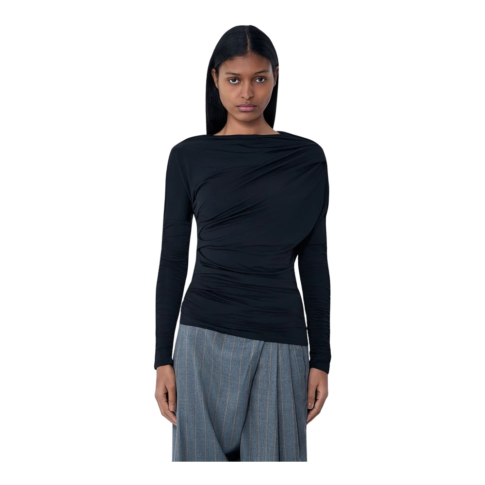 Ganni , Long Sleeve T-Shirts, Female, Black, M, Draped Long Sleeve Top