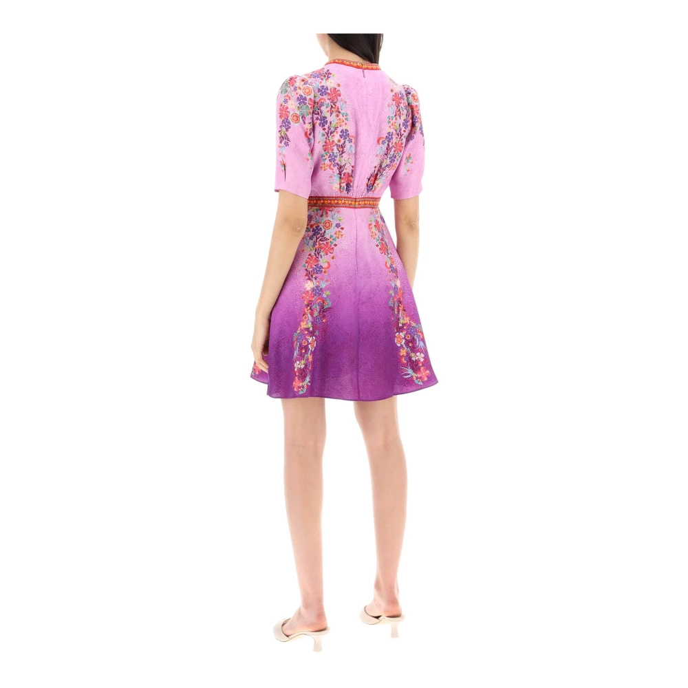 Saloni Bloemen Polka Dot Zijden Mini Jurk Purple Dames