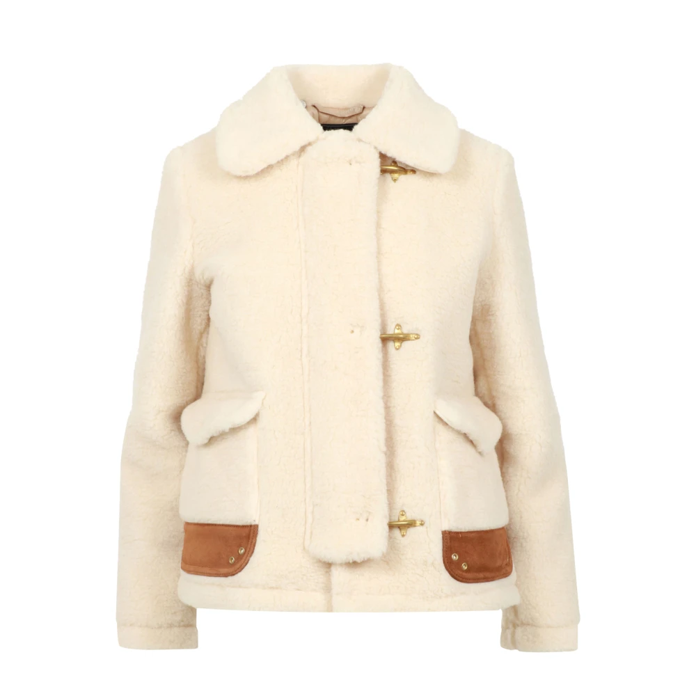 Beige Sheepskin Frakke med Krave