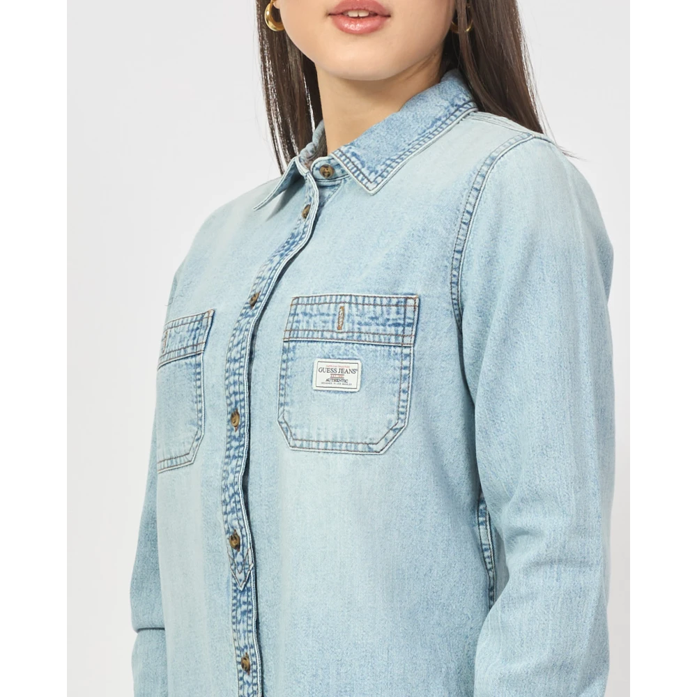 Guess Blauwe Denim Overhemd met Klassieke Kraag Blue Dames