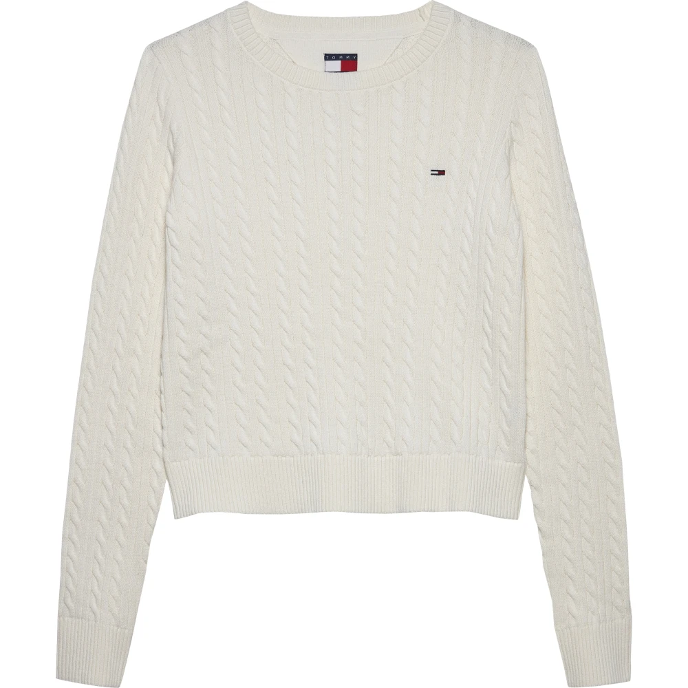 Tommy Jeans Women's White Round-Neck Knitwear, L, Cable-Knit Jumper
