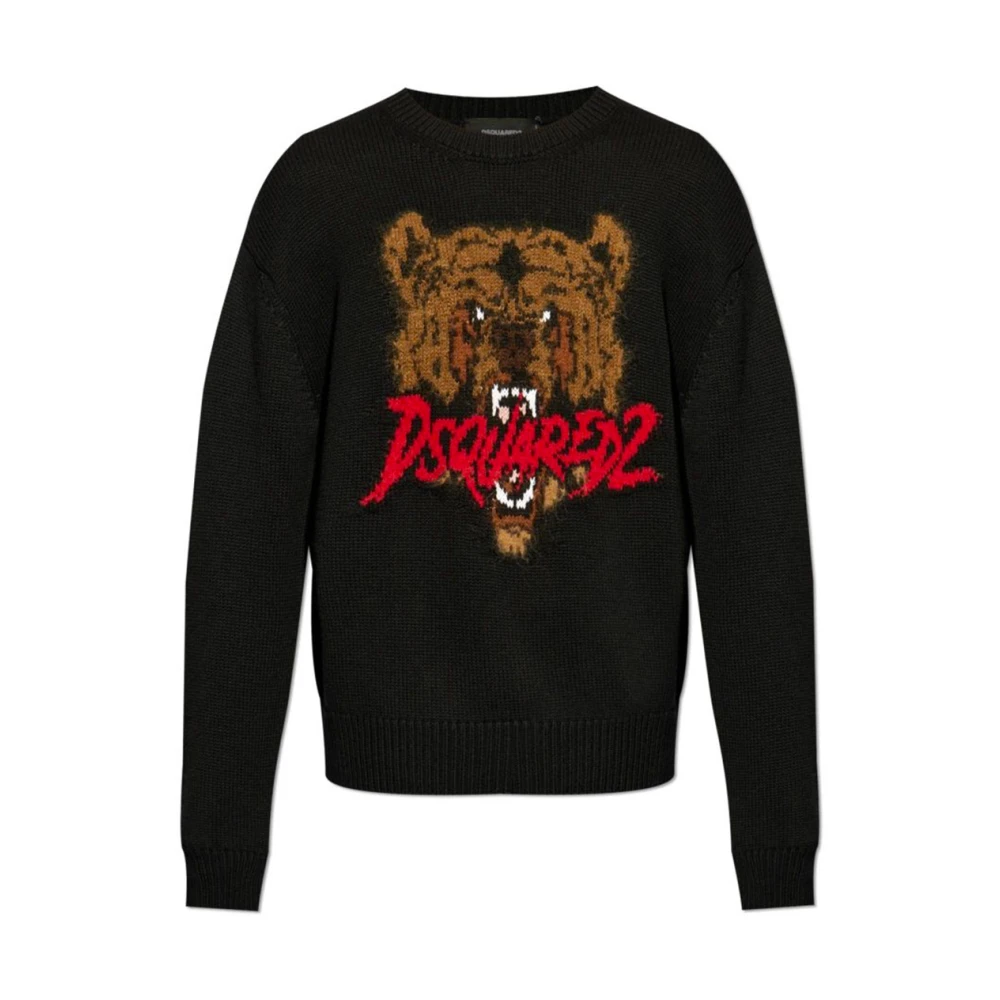 Dsquared2 Men's Black Round-Neck Knitwear, L, Intarsia-Knit Logo Wool Jumper