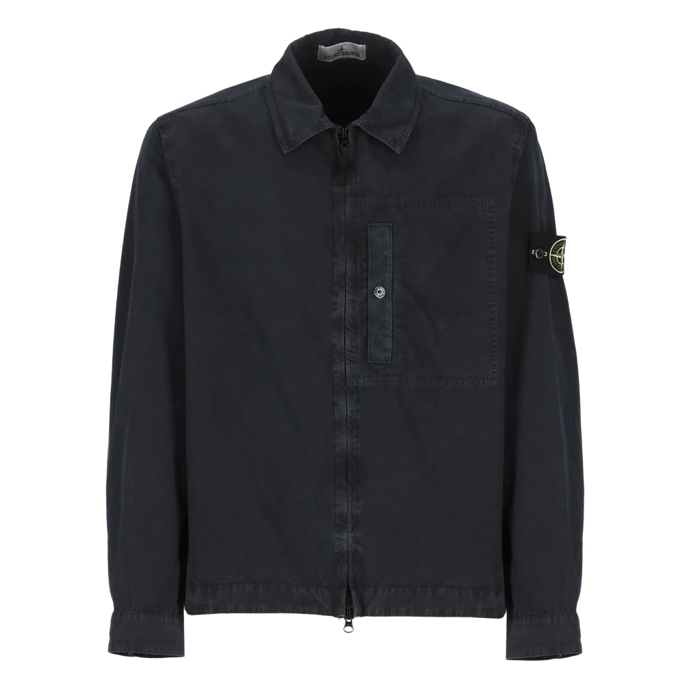 Stone Island Blauw Katoenen Overhemd met Kraag en Logo Patch Blue Heren