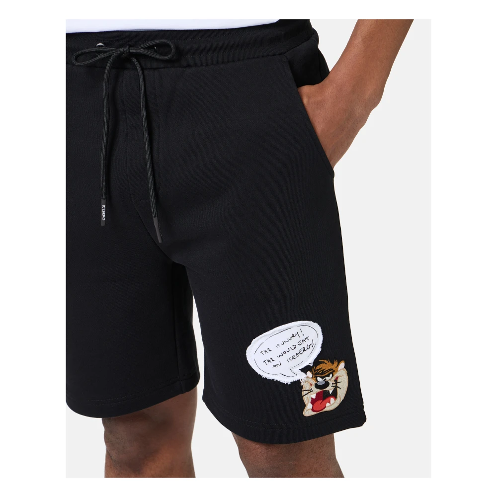 Iceberg Slim fit zwarte katoenen fleece Bermuda shorts met Taz borduursel Black Heren