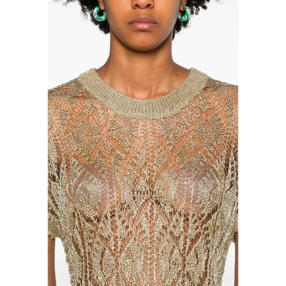 Ganni Metallic Gebreide Top met Ronde Hals Yellow Dames
