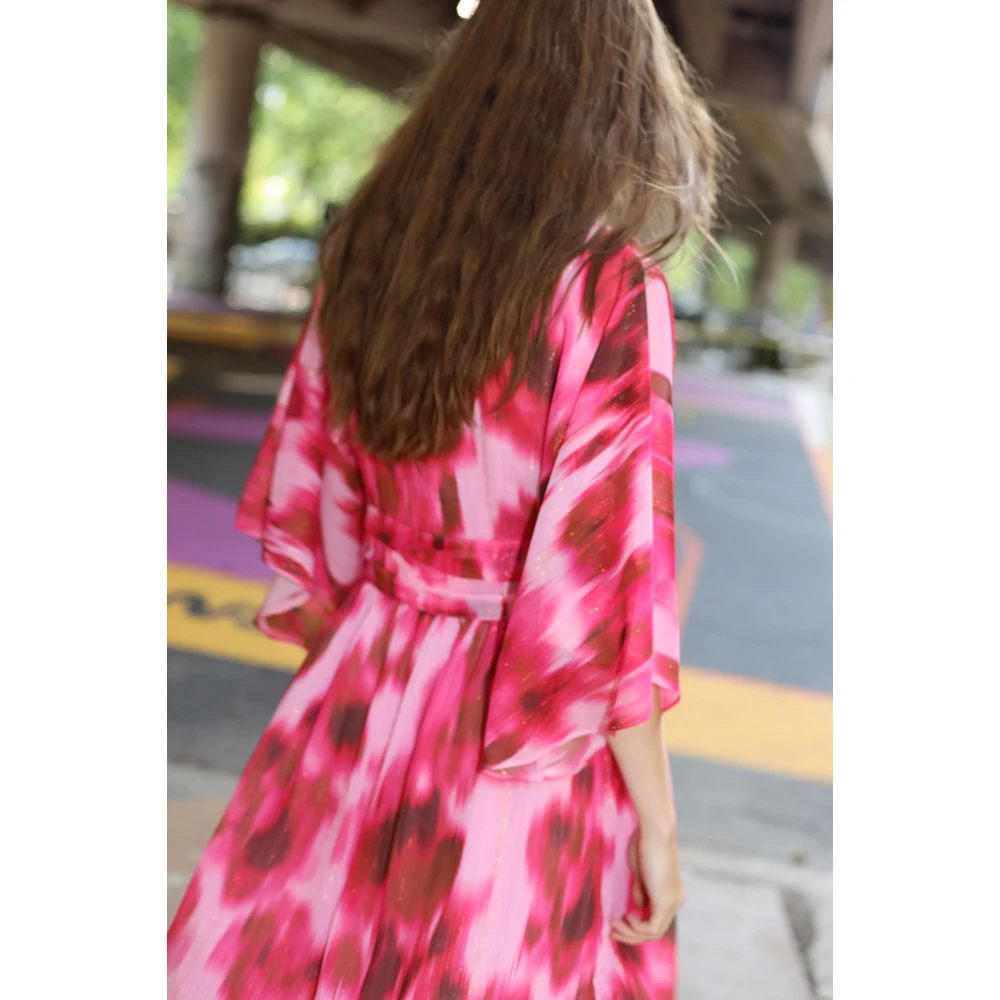 Cras Abstracte Bloemenjurk met Tailleband Pink Dames