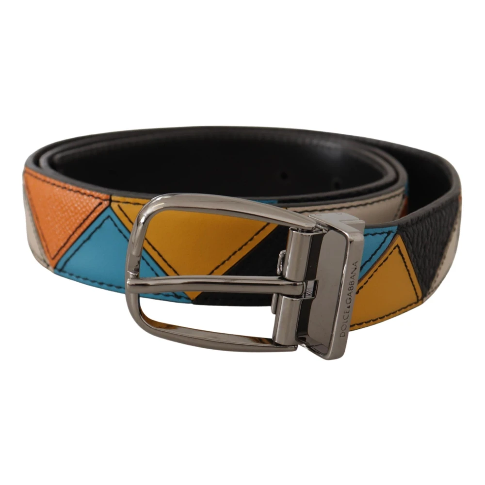 Dolce & Gabbana Men's Silver Multicolor Leather Tone Logo Buckle Belt