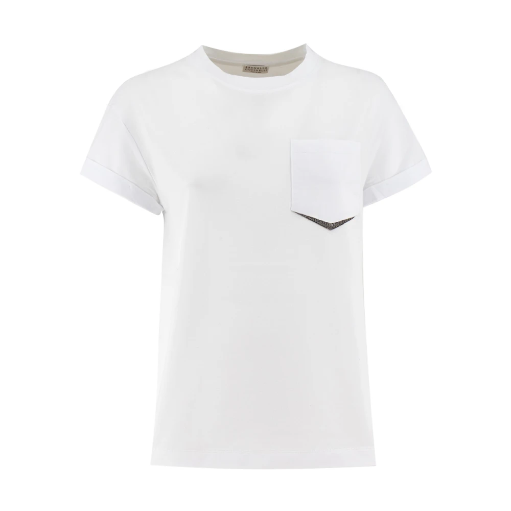 BRUNELLO CUCINELLI Bianco Aw23 Dames Stretch Katoenen T-Shirt met Borduursel White Dames