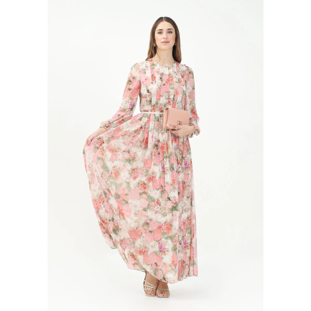 Max Mara Elegant Ivoor Bloemen Geplooide Lange Jurk Multicolor Dames
