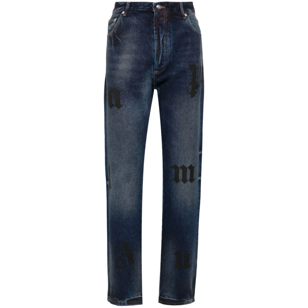 Palm Angels Denim Jeans Logo Print Straight Leg Blue Heren