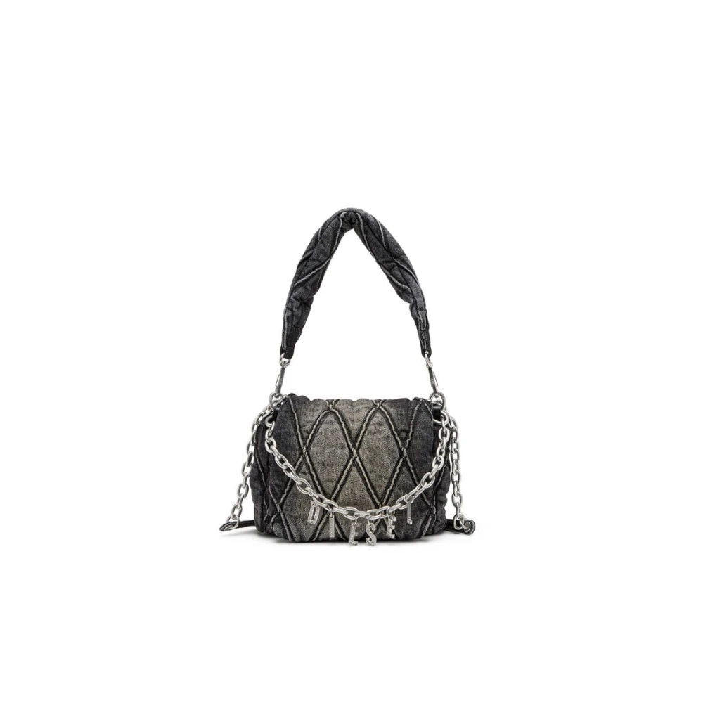 Diesel Gewatteerde Zwarte Denim Tas met Strass Hangers Black Dames