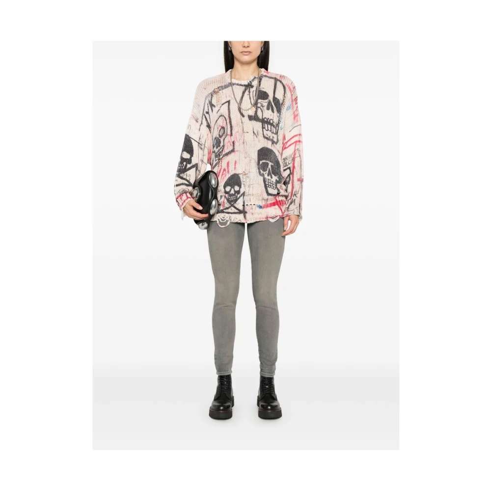 R13 Ecru Trui met Ronde Hals en Gescheurde Details Multicolor Dames
