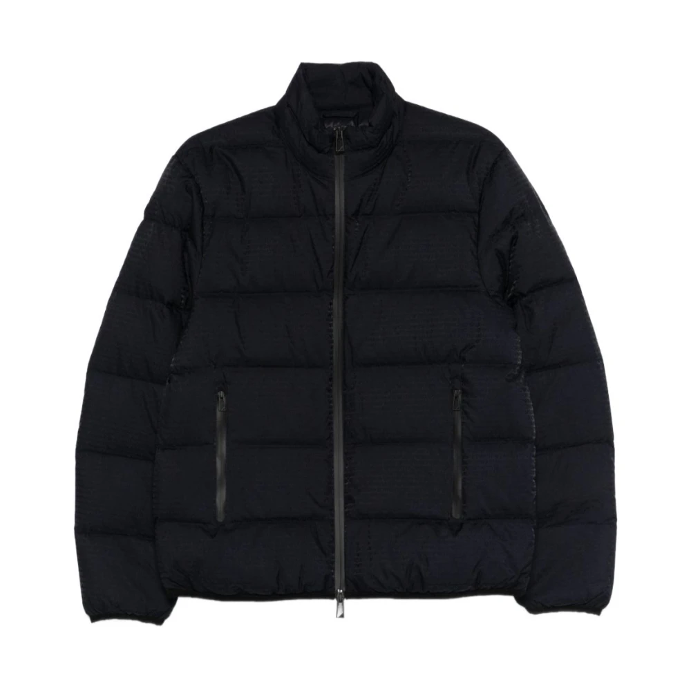 Emporio Armani Mannelijk Blauw Jassen Heren, L, Nylon, Waterafstotend Gewatteerd Nylon Donsjack Met Jacquard Logo Lettering