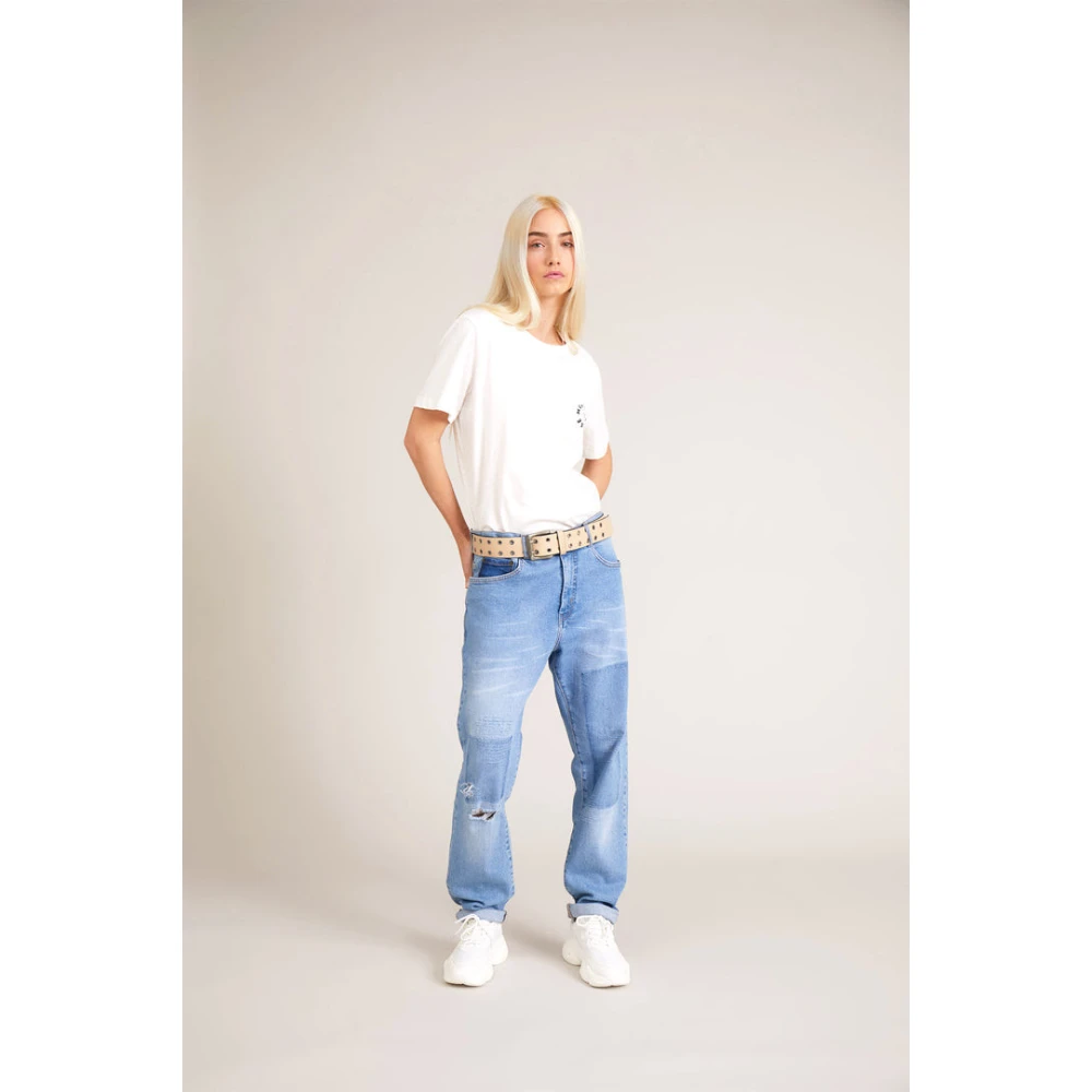 Munthe Bio Denim Boyfriend Jeans met Patches Blue Dames