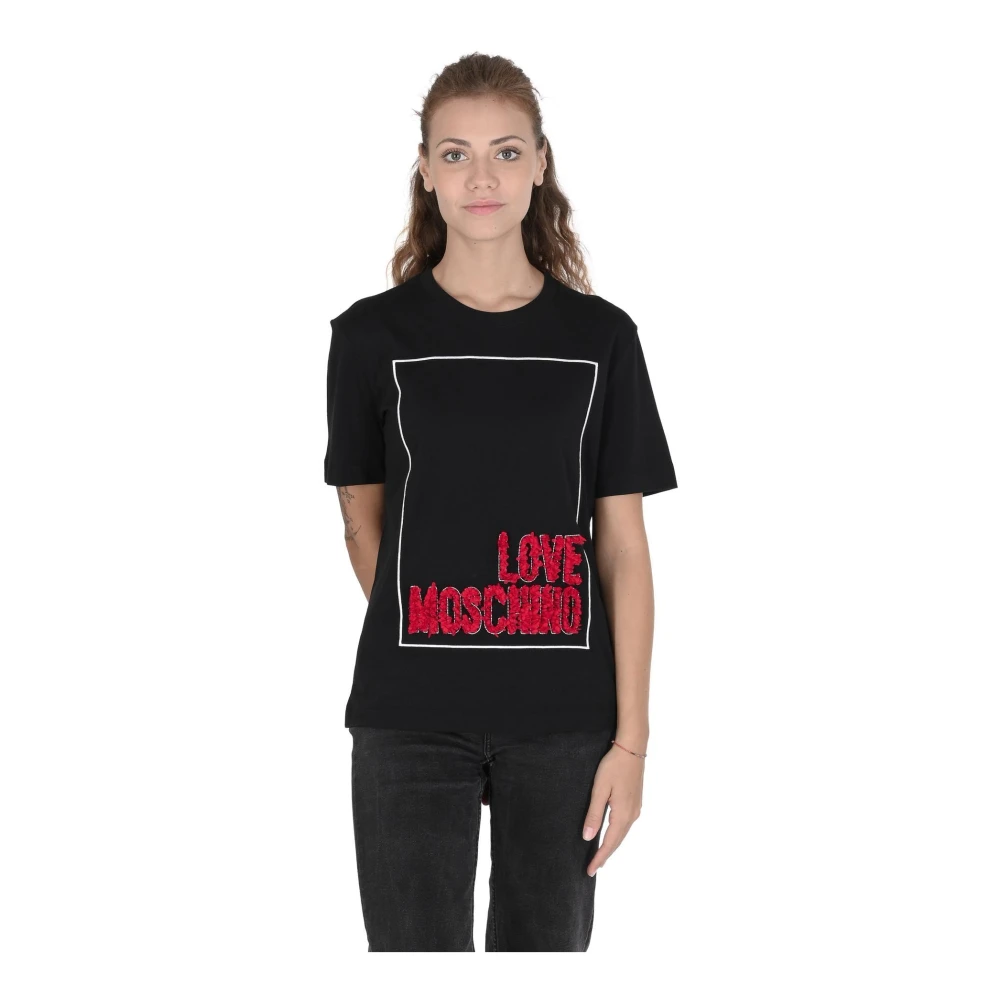 Moschino Geborduurd Bloemen Logo T-Shirt van Katoen Black Dames