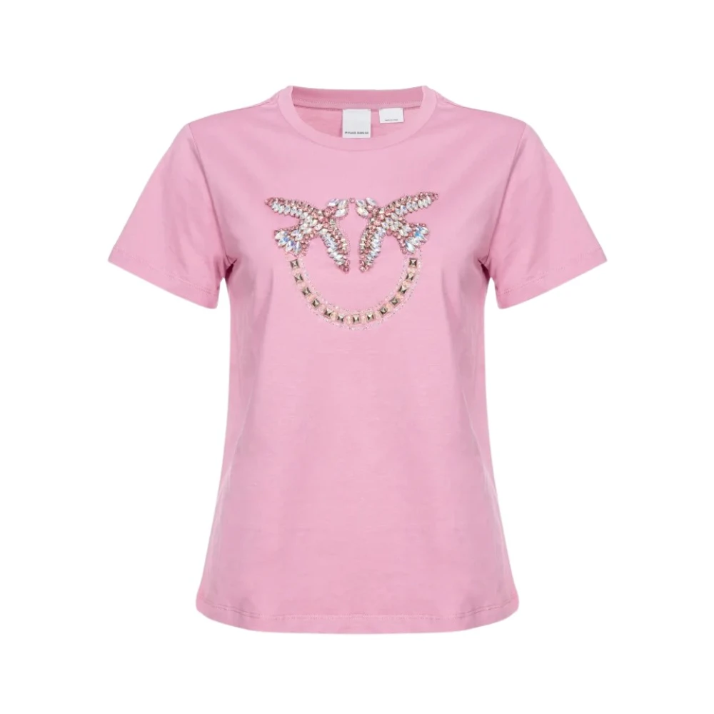 Pinko Love Birds Geborduurd T-shirt Pink Dames
