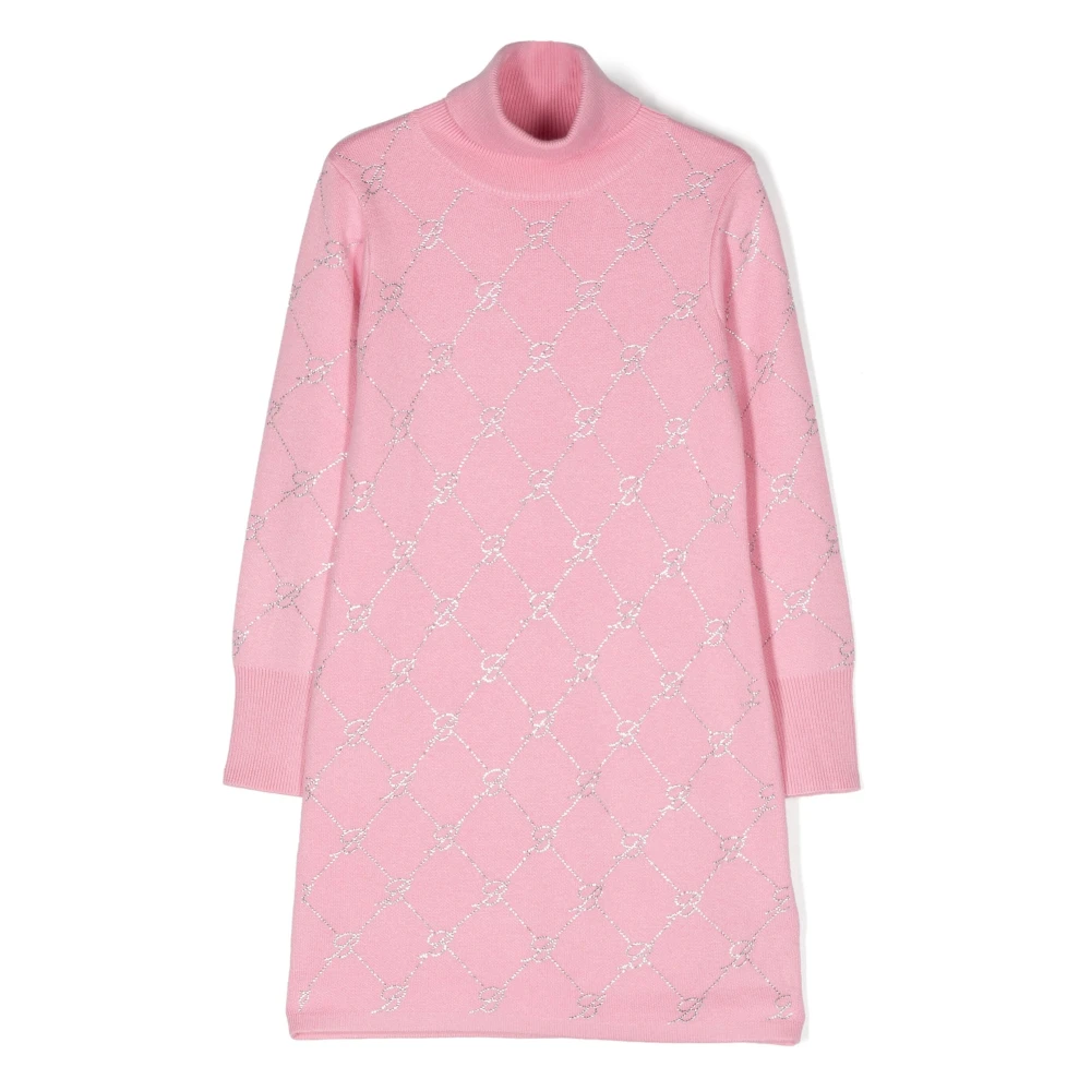 Blumarine Rosa Strass Logo Hög Hals Klänning Pink, Flicka