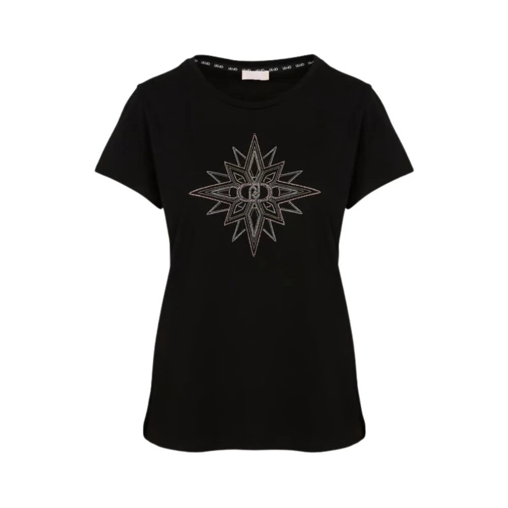 Liu Jo Women's Black Basic Cotton T-Shirt With Rhinestone Logo - T-Shirts - 2XS - Tops