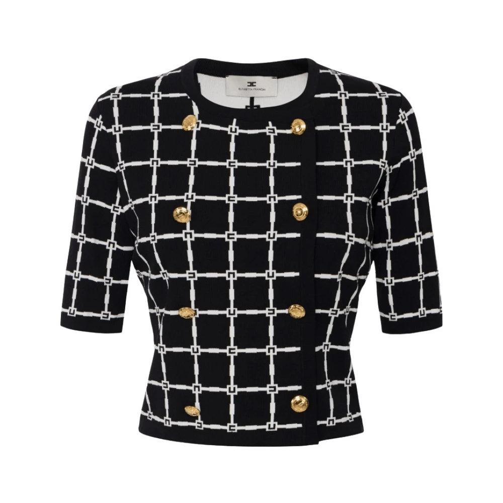 Elisabetta Franchi Jacquard Logo Vest met Gouden Knopen Black Dames