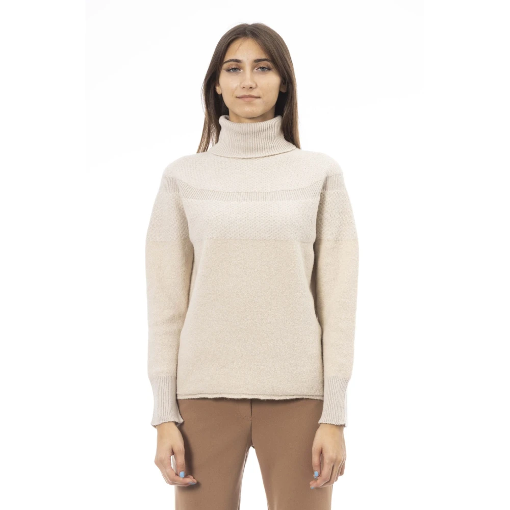 Alpha Studio Trui Lange Mouw Geribbelde Zoom Beige Dames