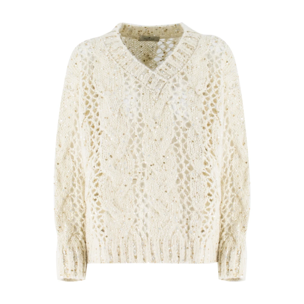 Panicale Chique Sequin V-Neck Sweater White Dames