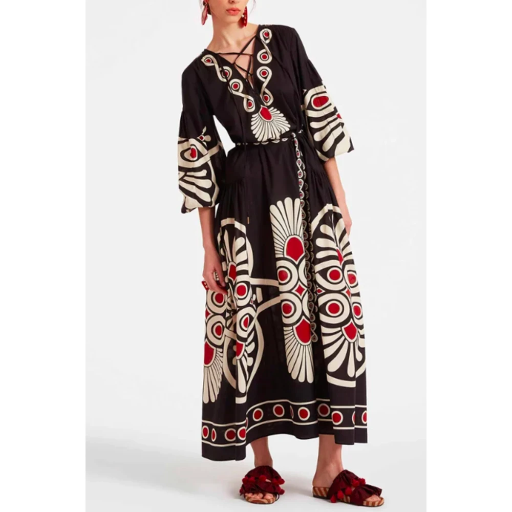 La DoubleJ Geometrische Print Zwarte Jurk met V-Hals Multicolor Dames