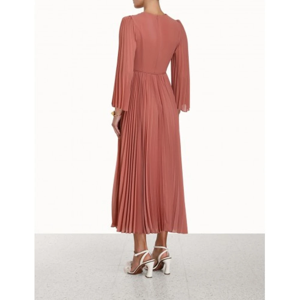 Zimmermann Terracotta Midi Jurk met Zonnestralen Plooien en Uitlopende Mouwen Brown Dames