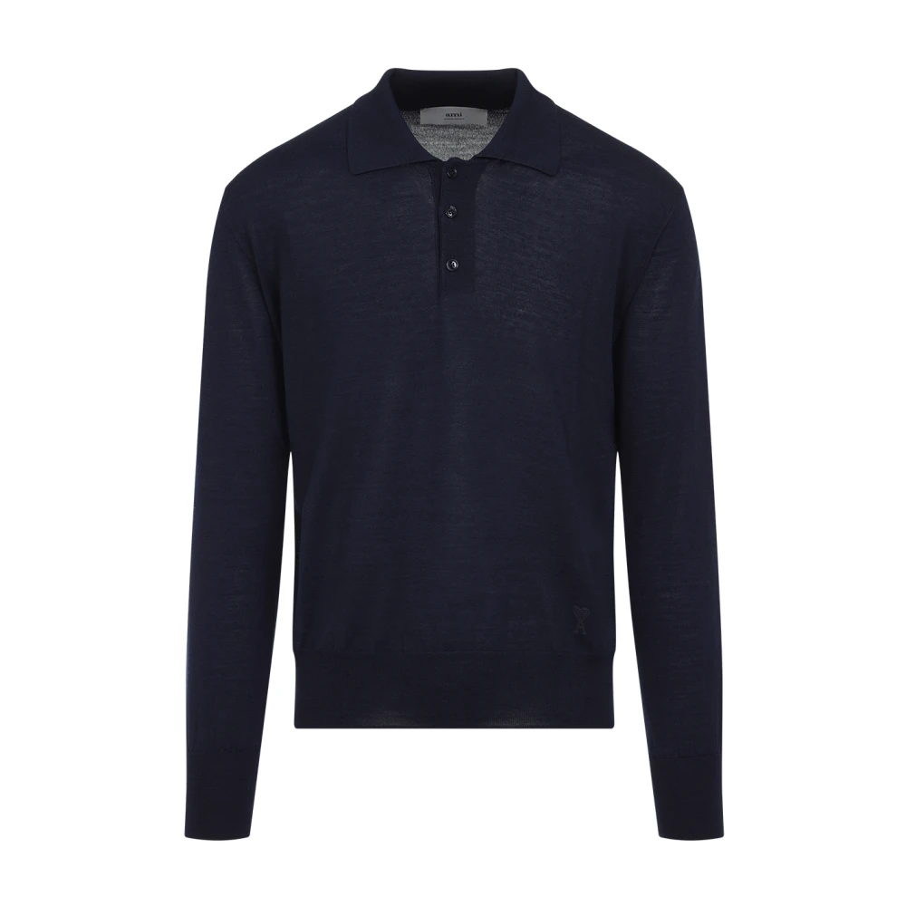 Ami Paris Men's Blue Polo Shirts,, T-Shirt Wool Silk Blend Large