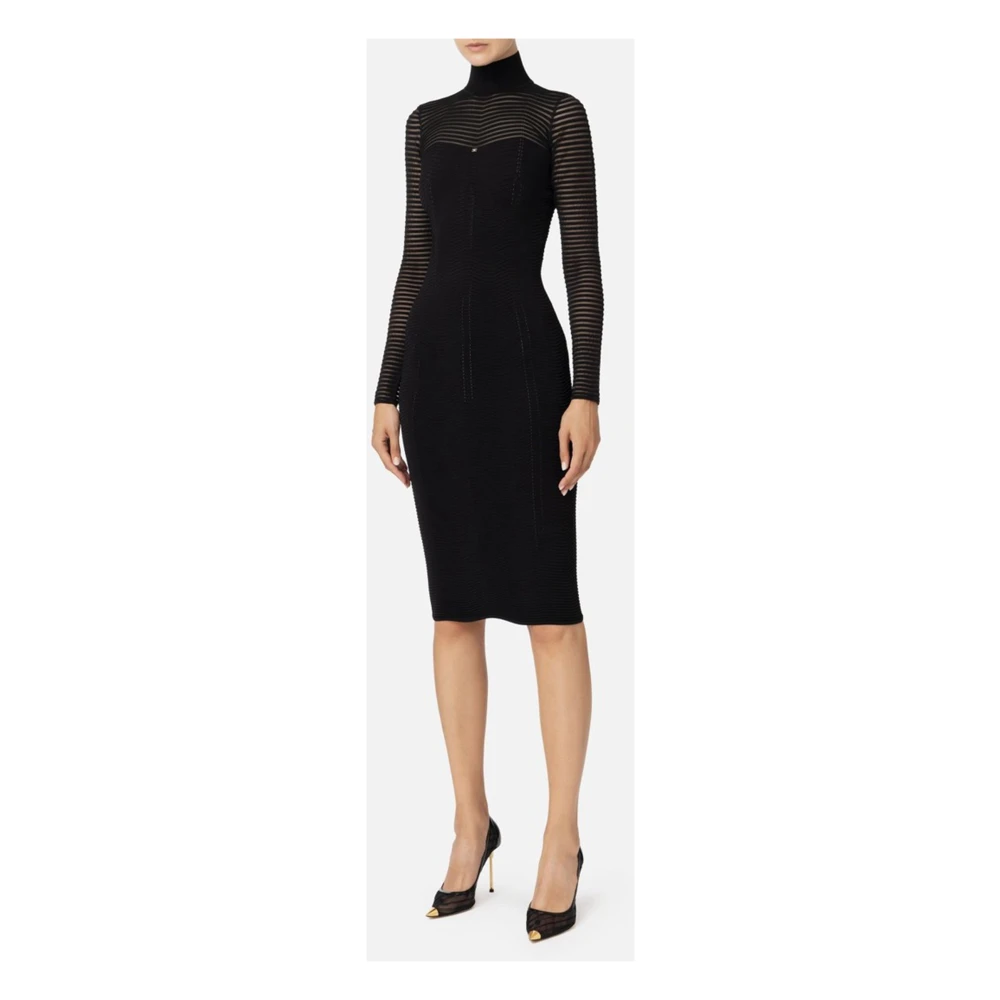 Elisabetta Franchi Zwarte Chevron Midi Jurk met Mesh Black Dames
