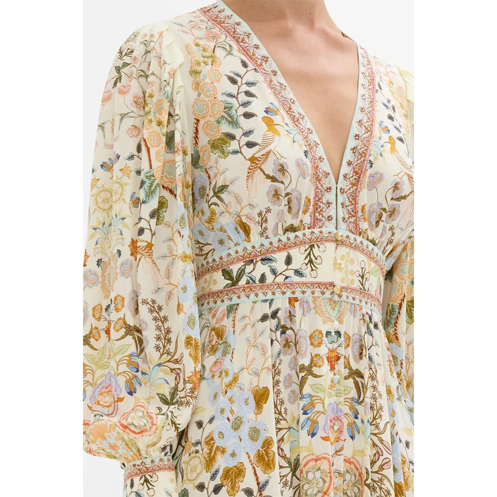 Camilla Zijden Jurk met Lotusbloem Motieven Beige Dames