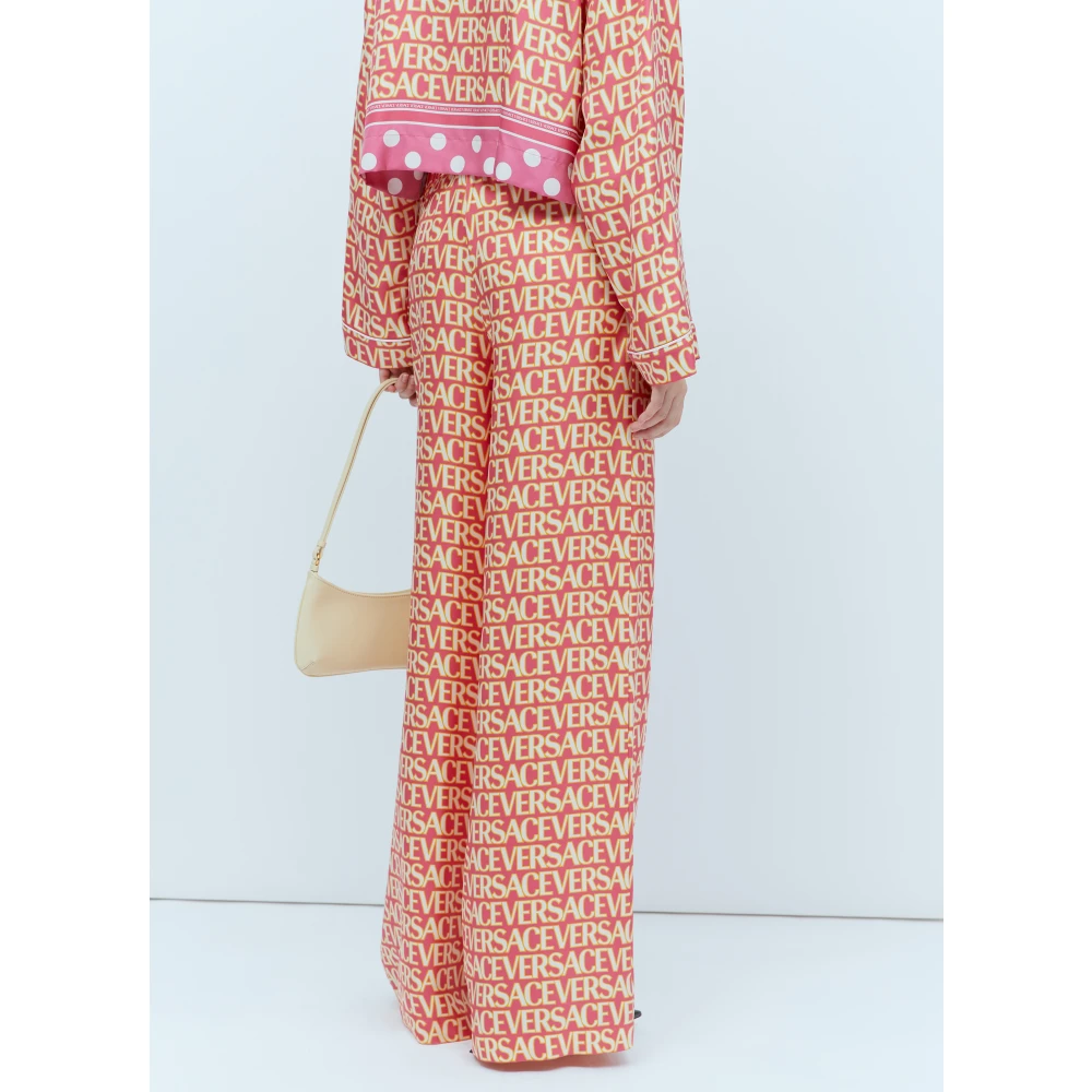 Versace Zijden Logo Print Broek Pink Dames