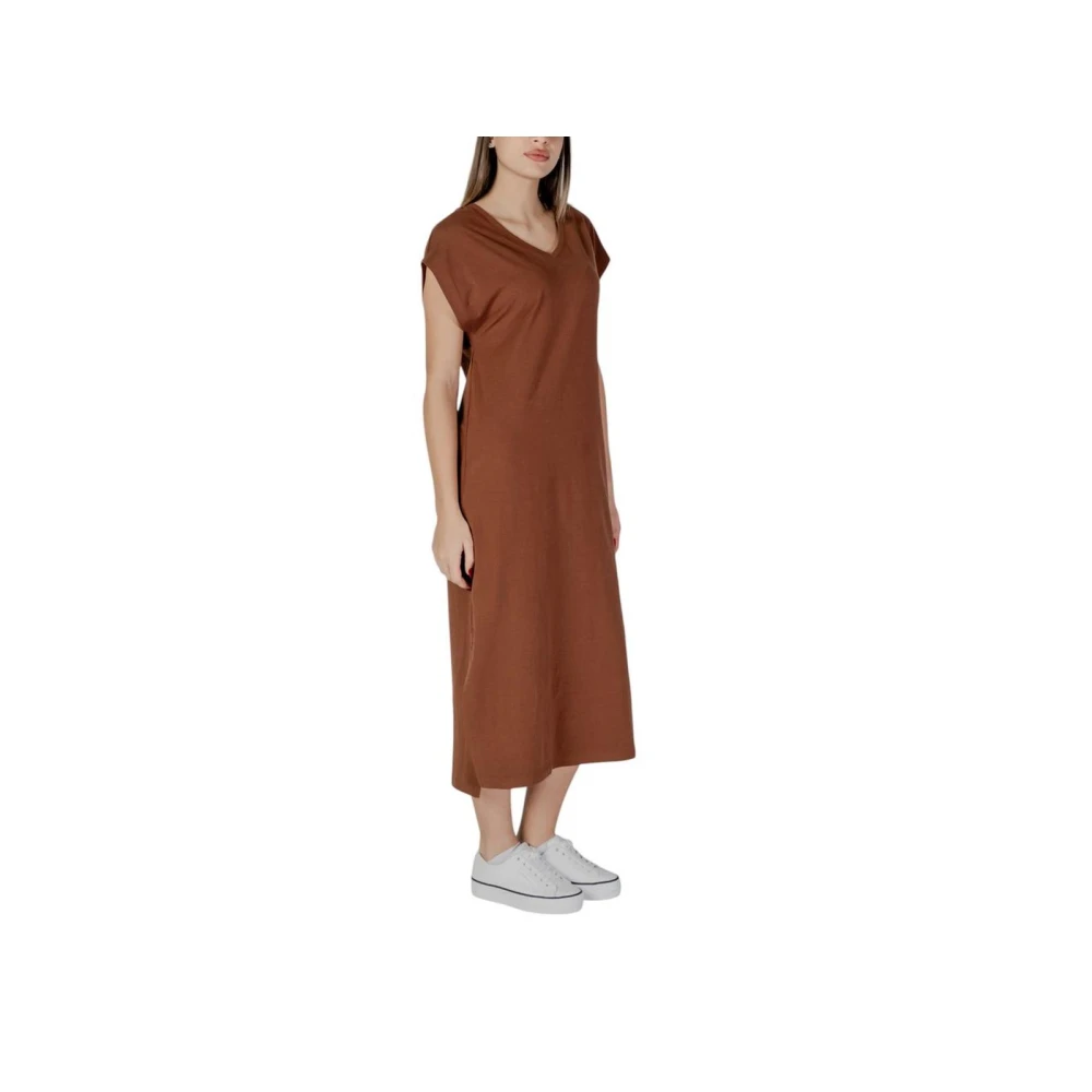 b.Young Bruine Katoenen V-hals Midi Jurk Brown Dames