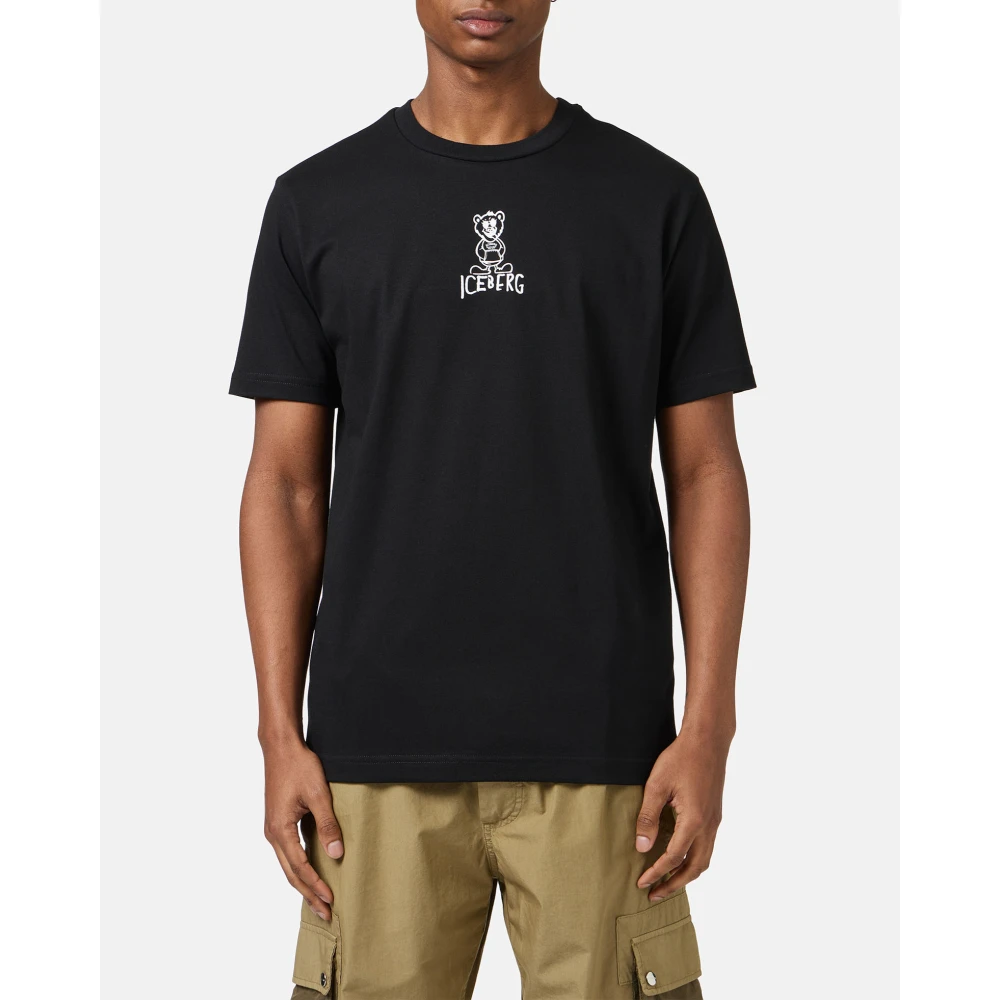 Iceberg Zwart slim fit katoenen T-shirt met beerprint en ijsberglogo Black Heren