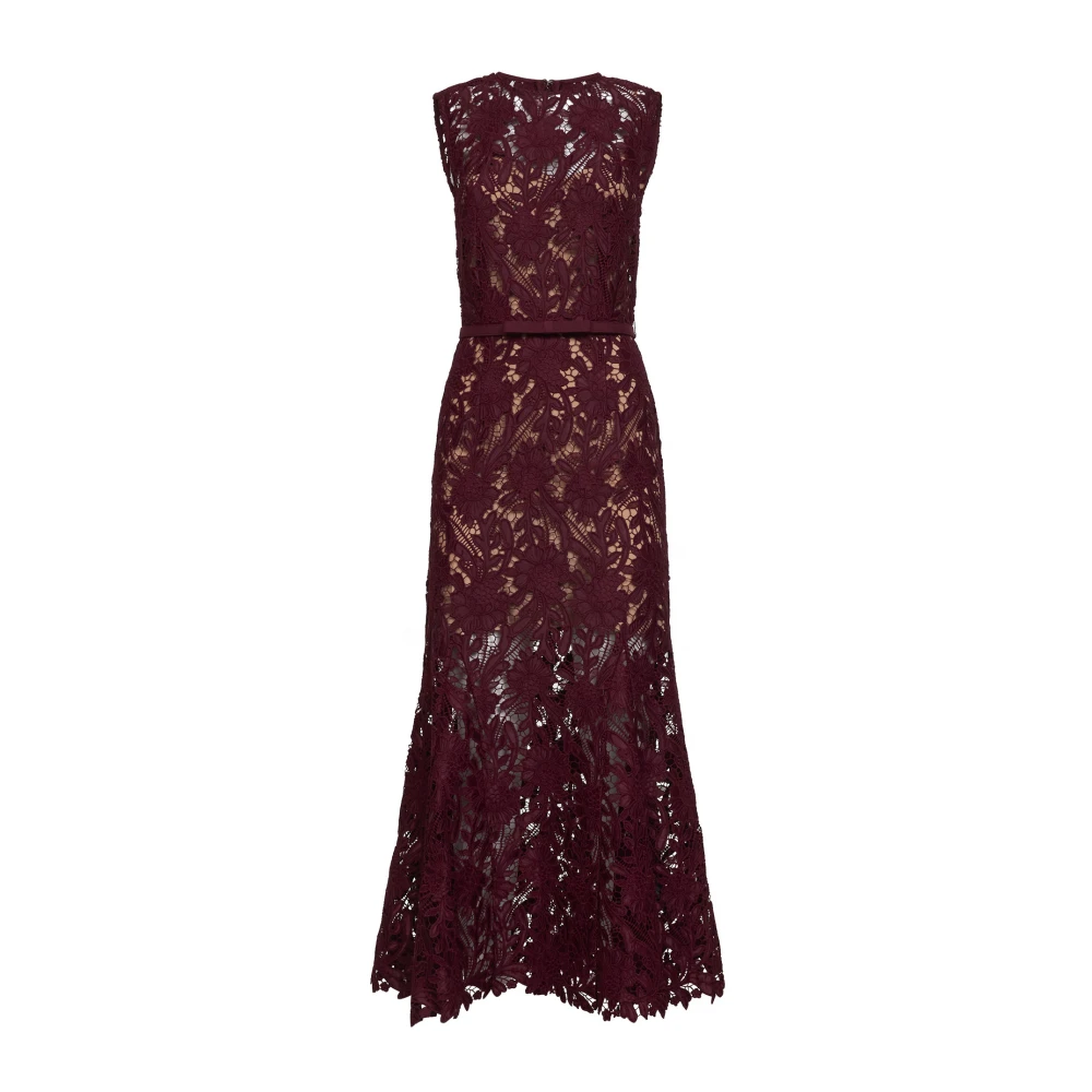 Self Portrait Kvinno Lila Klänningar Dam, L, Polyester, Guipure Lace Belted Midi Dress