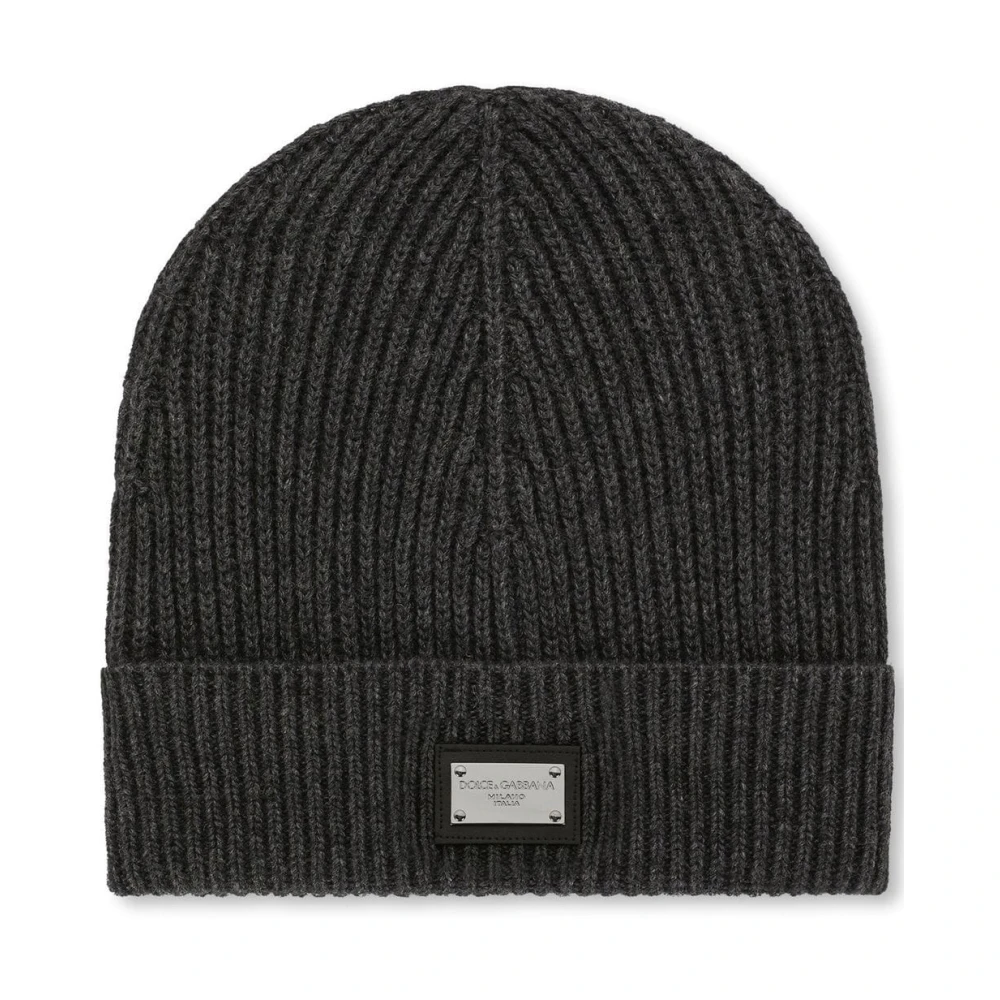 Dolce & Gabbana Men's Grey Logo-Patch Knitted Beanie Hat