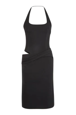 Svart Asymmetrisk Halterneck Klänning med Cut-out