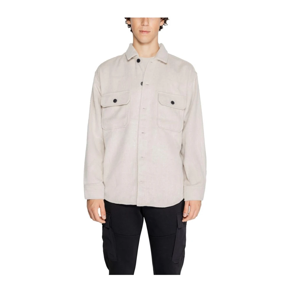 JACK & JONES ESSENTIALS loose fit overshirt JJEBRADLEY OLLIE met wol beige