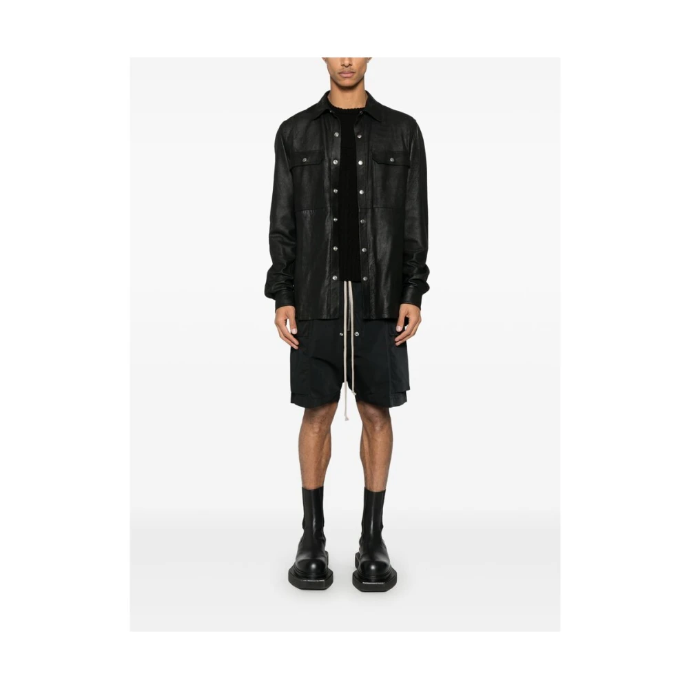 Rick Owens Zwarte leren bovenkleding met drukknoopsluiting Black Heren