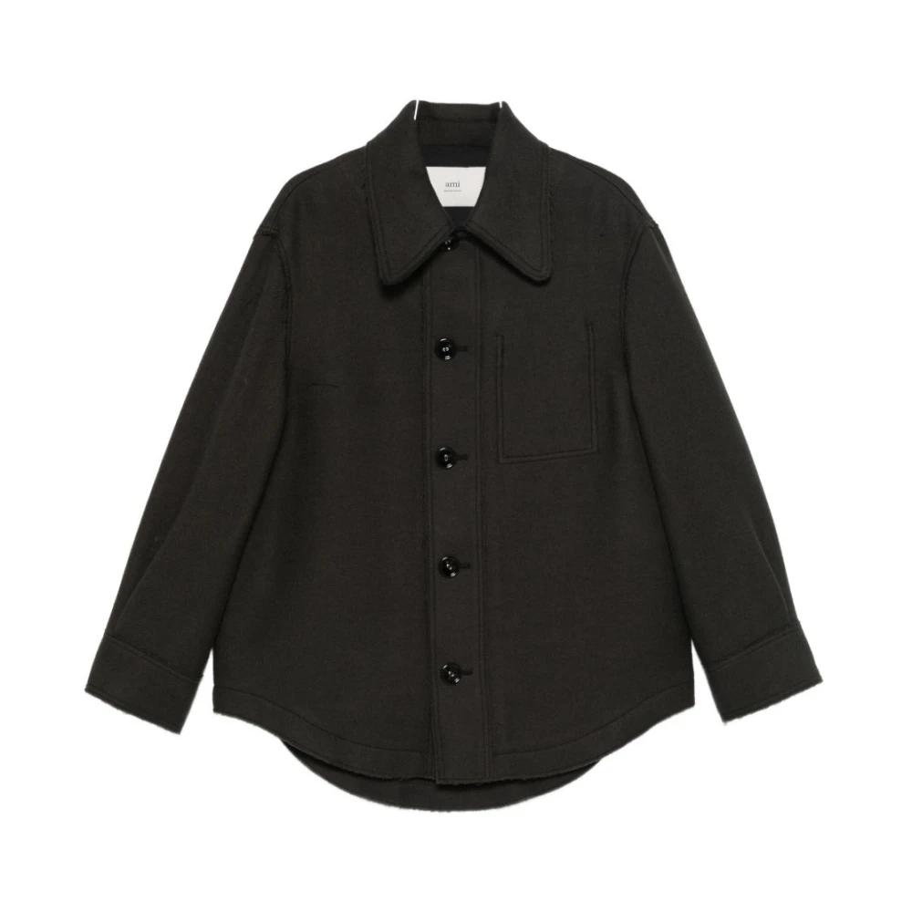 Ami Paris Men's Gray Light Jackets, M, Wool Shirt Jacket