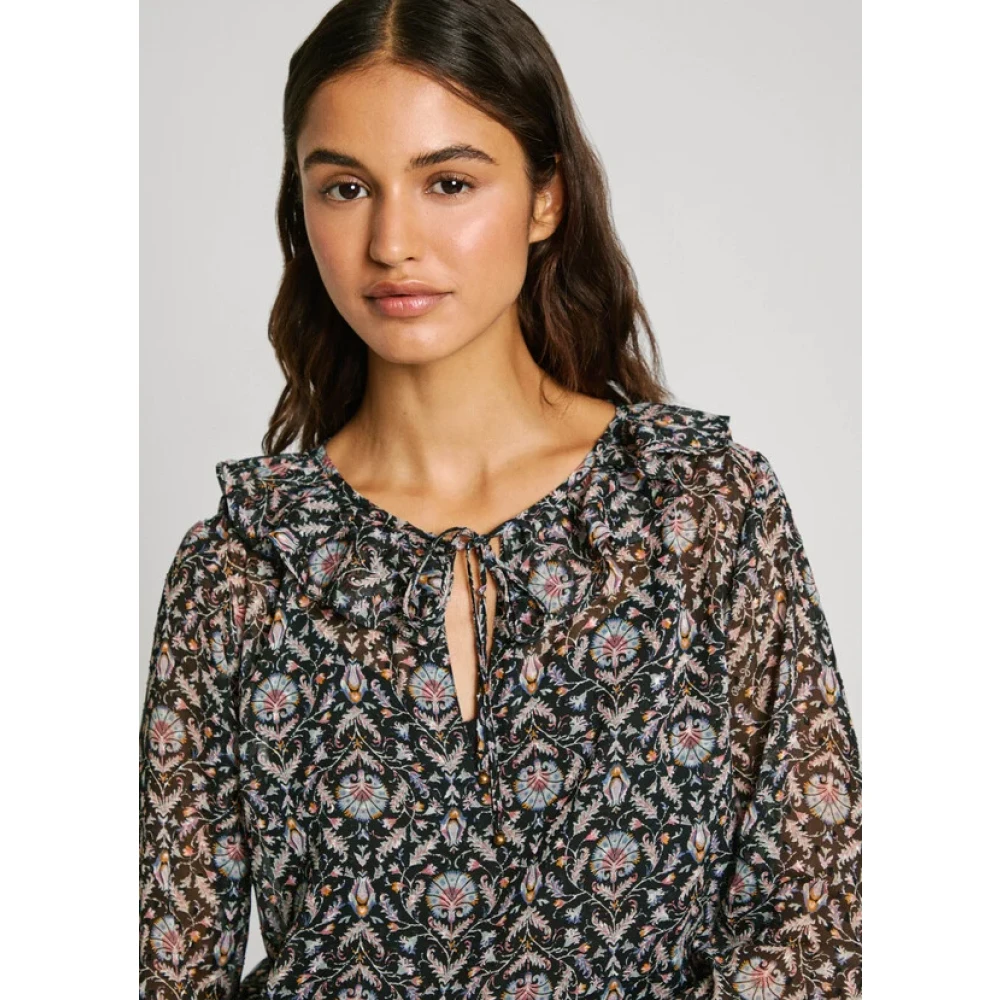 Pepe Jeans Bloemen Ruche Blouse met Sleutelgat Halslijn Gray Dames