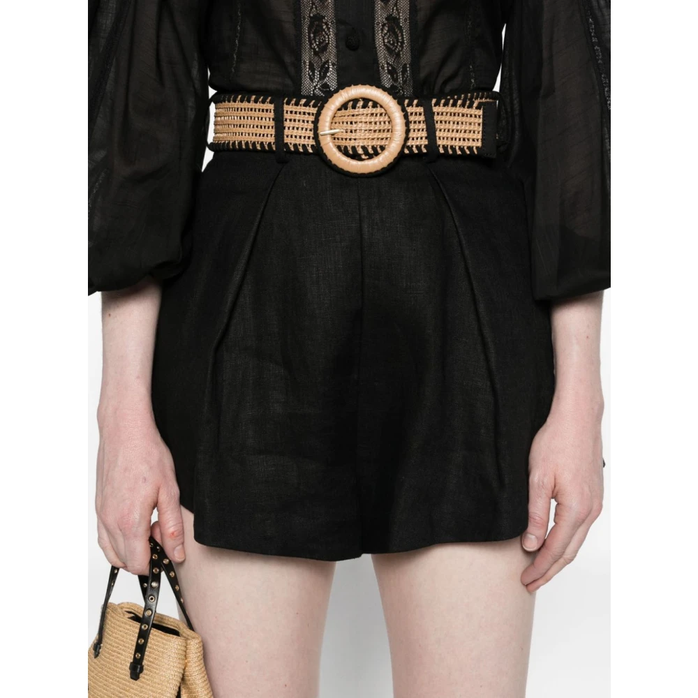Zimmermann Zwarte Linnen Geplooide Hoge Taille Shorts Black Dames