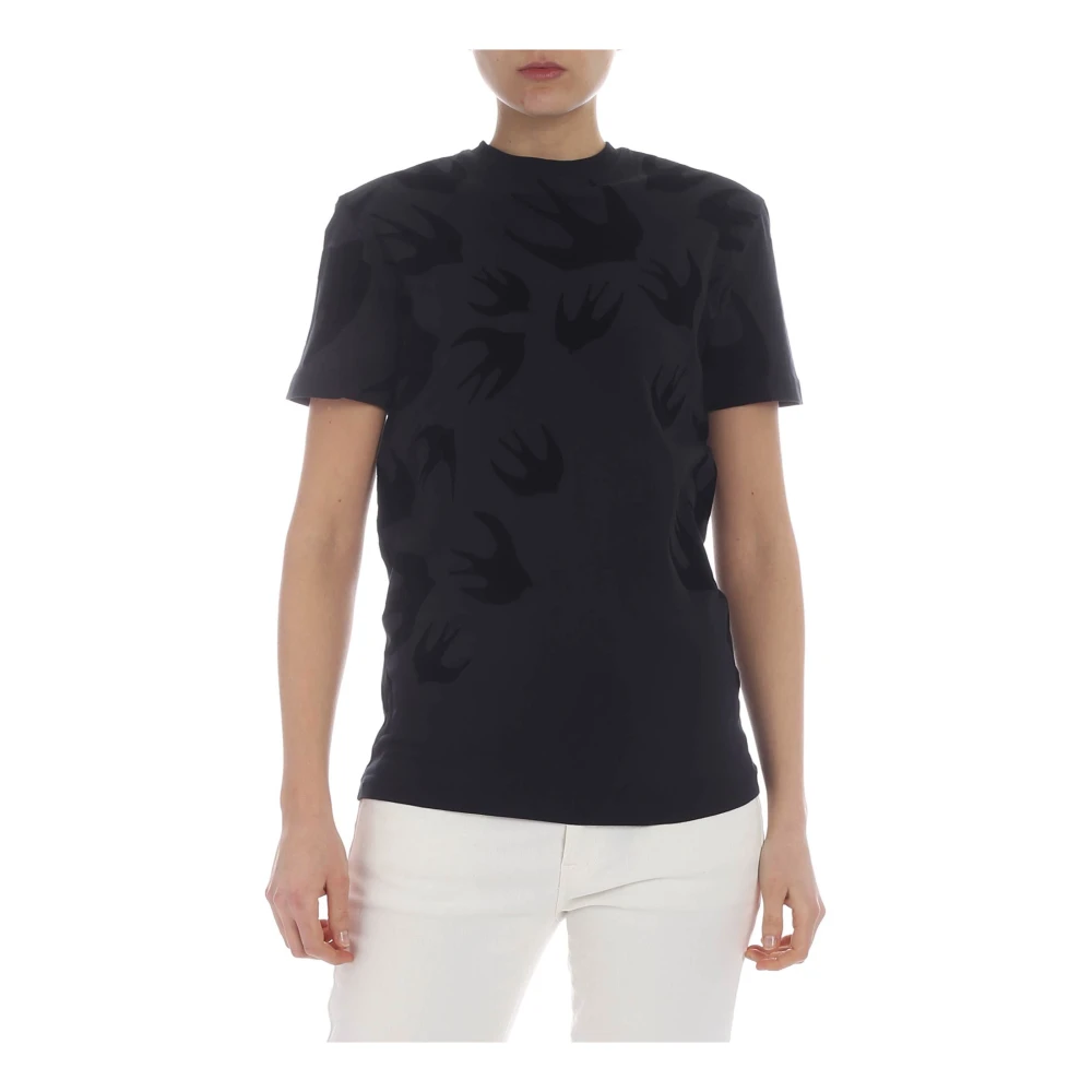 Alexander McQueen Velvet Swallow Tshirt, Svart med Svalor Motiv Black, Dam