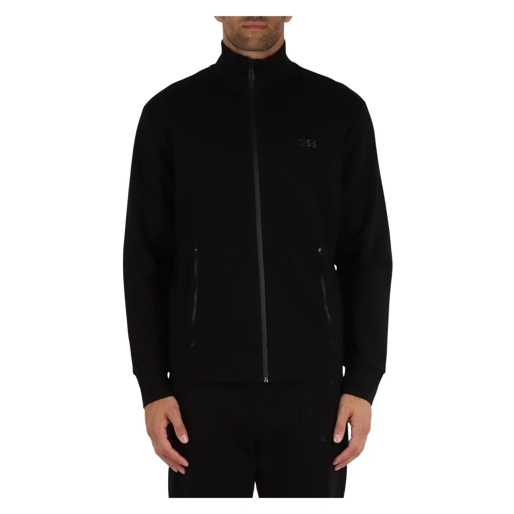 Boss Katoenen ritshoodie met gegraveerd logo Black Heren
