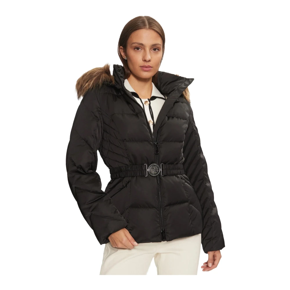 Guess Gebelte gewatteerde jas met capuchon Black Dames
