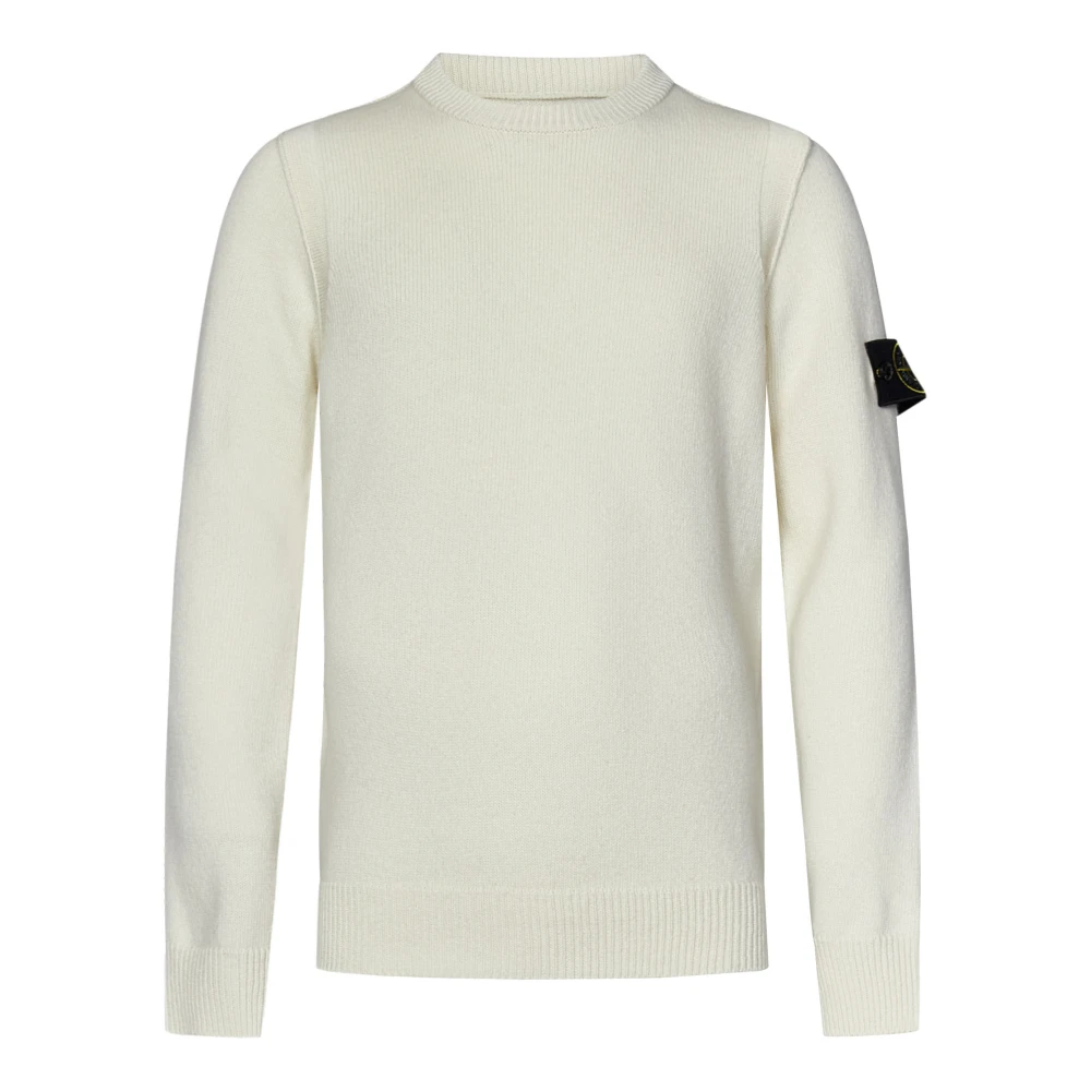 Stone Island Vit Ribbstickad Tröja med Badge White, Herr